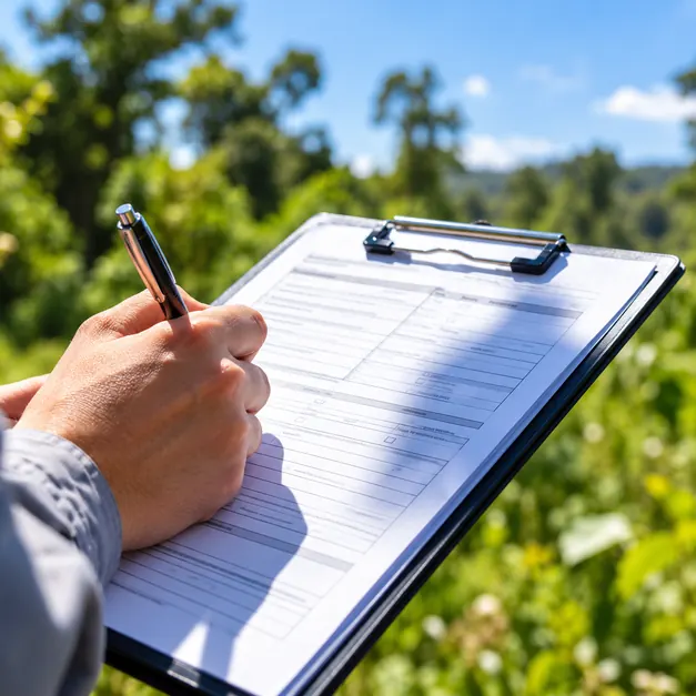 Profissional preenchendo checklist ambiental em campo