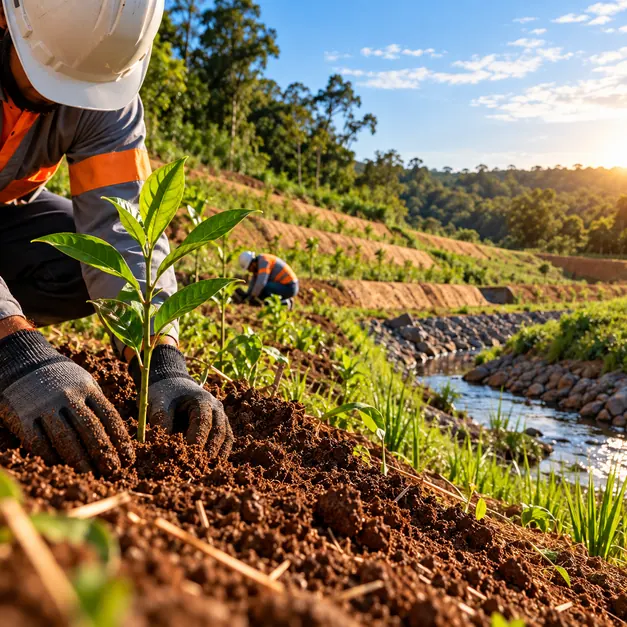 Plantio de mudas em talude para recomposição vegetal